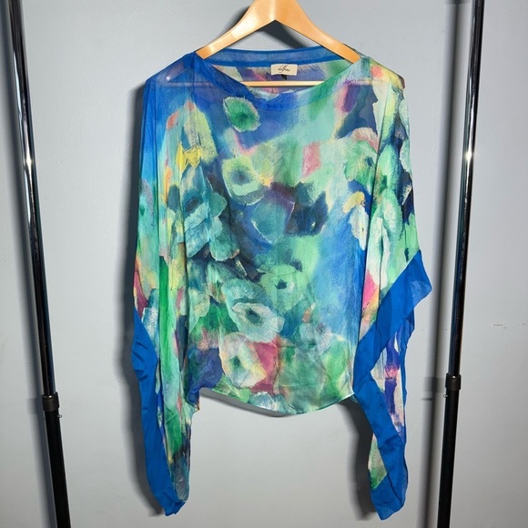 Delfine Tops - Delfine Sheer Abstract Watercolor Poncho Top